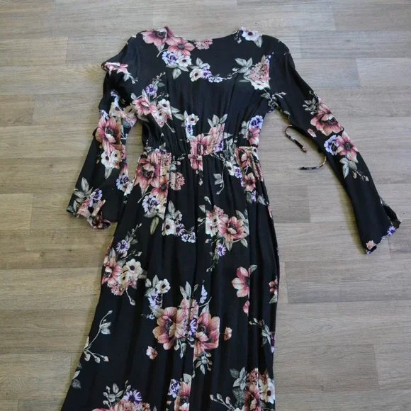 Black Wrap Floral Coldshoulder Bellsleeve Maxi Dress Side Slit Women Size Small - Picture 10 of 11